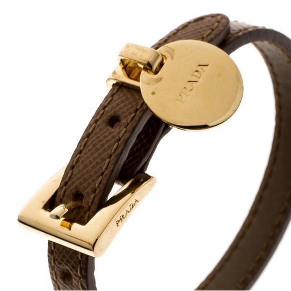 Prada Accessories - PRADA Buckle Closure Saffiano Leather Bracelet Gold Tone Medium Size
